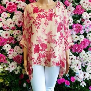 Elena Baldi Sheer Pink Silk Blend Floral Overlay Blouse FLAWED
